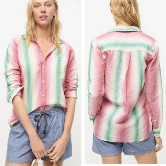 J Crew Womens 2 Multicolor Striped Linen Cotton Button Up Shirt Long Sleeve Top - Picture 1 of 9